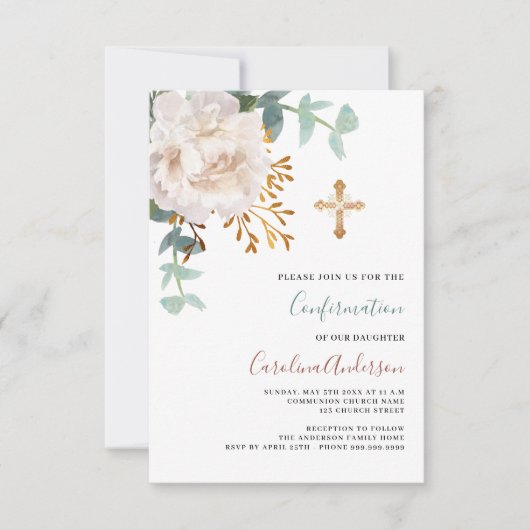 Invitation Confirmation de croix d'or à fleurs blanches (Devant)