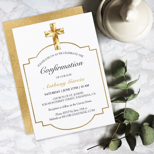 Invitation Confirmation de Croix d'or blanc moderne pour les