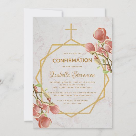 Invitation Confirmation de fille Magnolia rose or Marbre Flor (Devant)