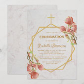 Invitation Confirmation de fille Magnolia rose or Marbre Flor (Devant / Derrière)