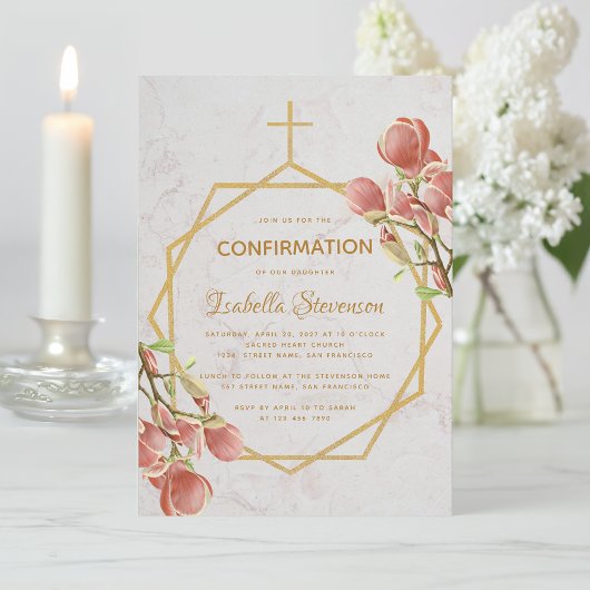 Invitation Confirmation de fille or rose magnolia marbre flor