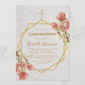 Invitation Confirmation de fille or rose magnolia marbre flor (Devant)