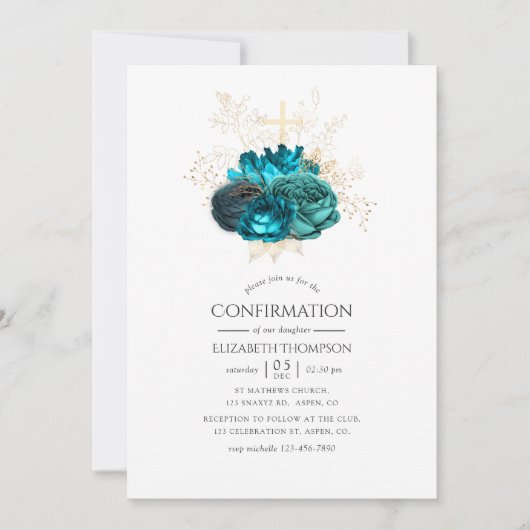 Invitation Confirmation de floraison turquoise et or (Devant)