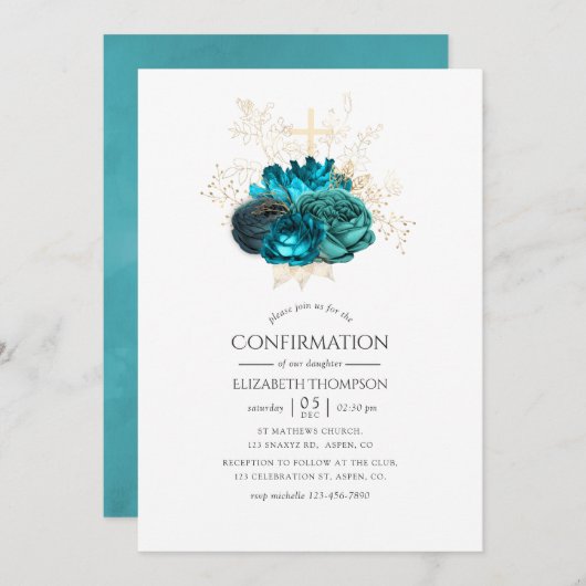 Invitation Confirmation de floraison turquoise et or (Devant / Derrière)