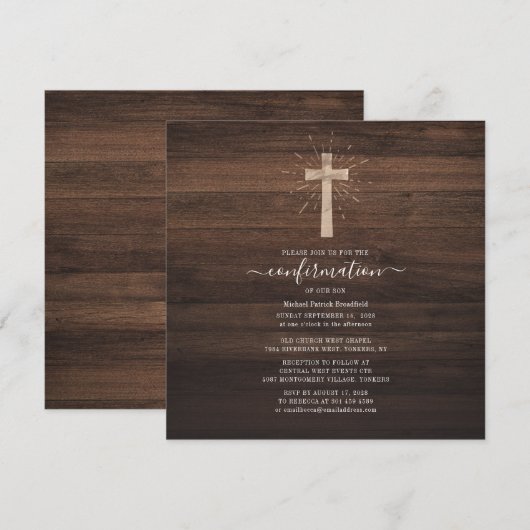 Invitation Confirmation de la croix de bois rustique moderne (Devant / Derrière)
