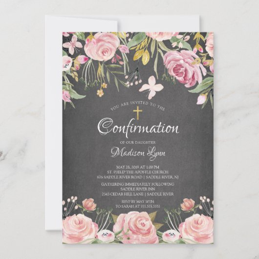 Invitation Confirmation de la croix florale et dorée rose mod (Devant)