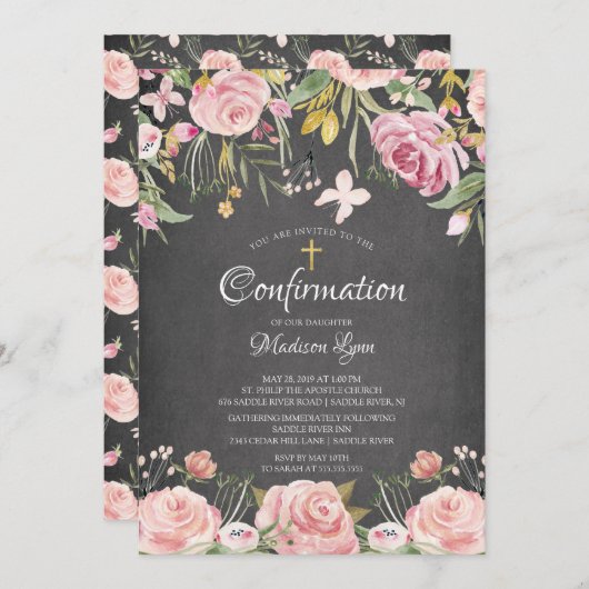 Invitation Confirmation de la croix florale et dorée rose mod (Devant / Derrière)