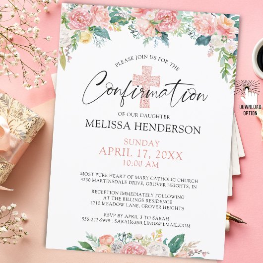 Invitation Confirmation de la croix florale Rose Blush modern