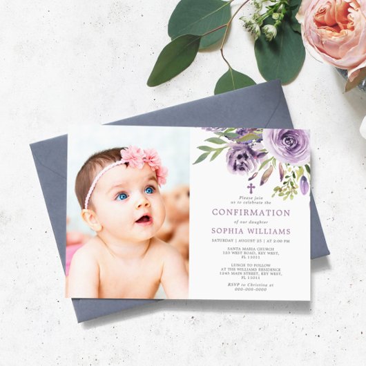 Invitation Confirmation de la fille photo florale Rose violet