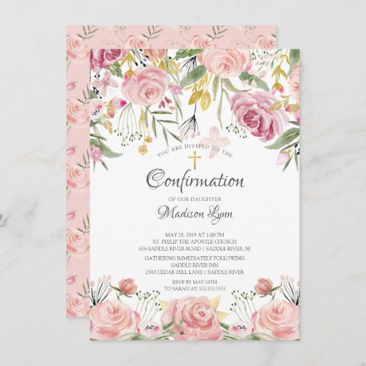 Invitation Confirmation de la floraison rose Aquarelle (Devant / Derrière)