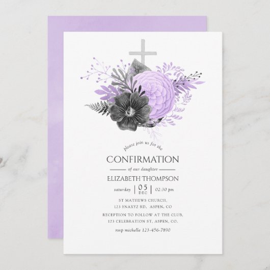 Invitation Confirmation de la florale de Lilac et de Charbon (Devant / Derrière)