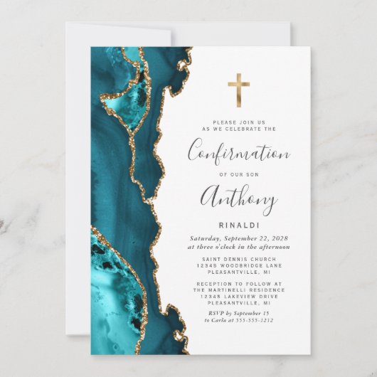 Invitation Confirmation de la Parties scintillant dorée Turqu (Devant)