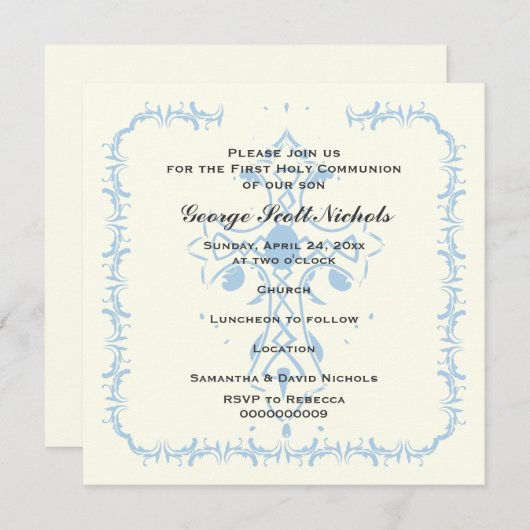 Invitation Confirmation de la première communion Croix Bleue (Devant / Derrière)