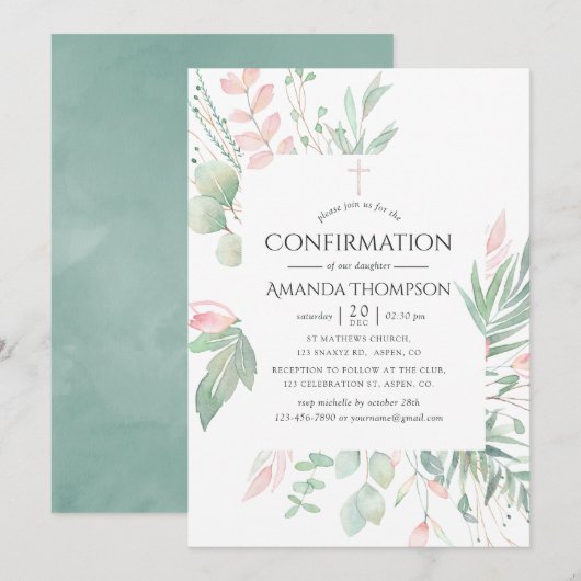 Invitation Confirmation de la verdure rose pastel (Devant / Derrière)
