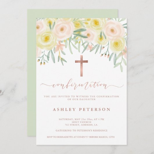 Invitation Confirmation de l'aquarelle rose or fleuri (Devant / Derrière)