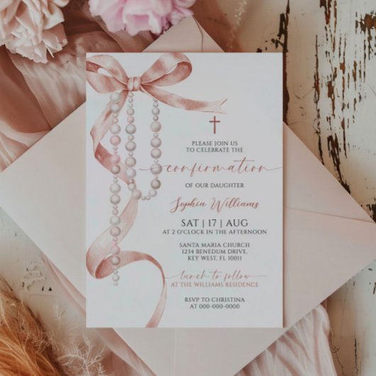 Invitation Confirmation de l'élégante Mocha Bow & Rosary