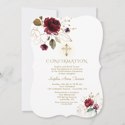 Invitation Confirmation de luxe Burgundy Gold Floral Girl (Devant)