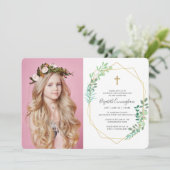 Invitation Confirmation De Sa Croix De Foliage Géométrique (Debout devant)