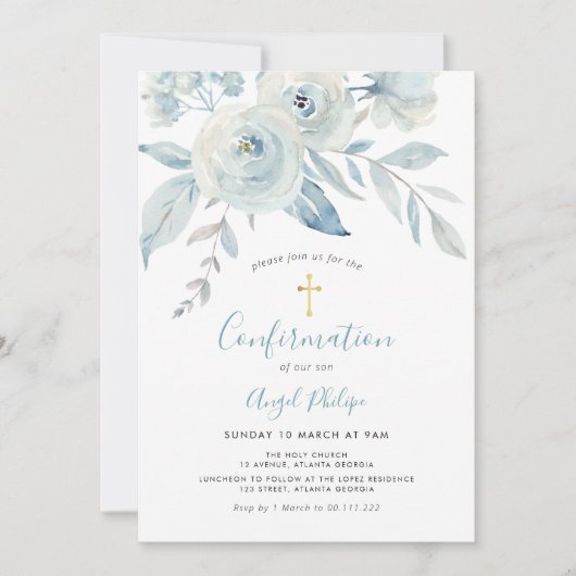 Invitation Confirmation des fleurs d'aquarelle bleu (Devant)