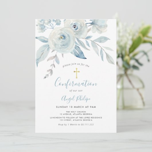 Invitation Confirmation des fleurs d'aquarelle bleu (Debout devant)