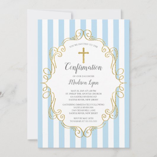 Invitation Confirmation des Garçons à cadre bleu et or (Devant)