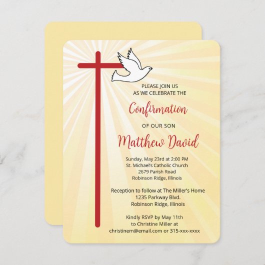 Invitation Confirmation des rayons d'or Son Cross Dove (Devant / Derrière)