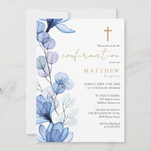 Invitation Confirmation d'or floral transparent bleu Dusty (Devant)