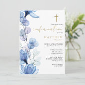 Invitation Confirmation d'or floral transparent bleu Dusty (Debout devant)