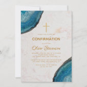 Invitation Confirmation du garçon Géode bleu Agate Gold Cross (Devant)
