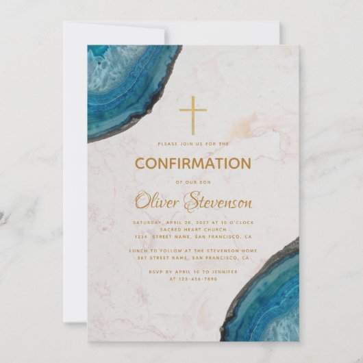 Invitation Confirmation du garçon Géode bleu Agate Gold Cross (Devant)