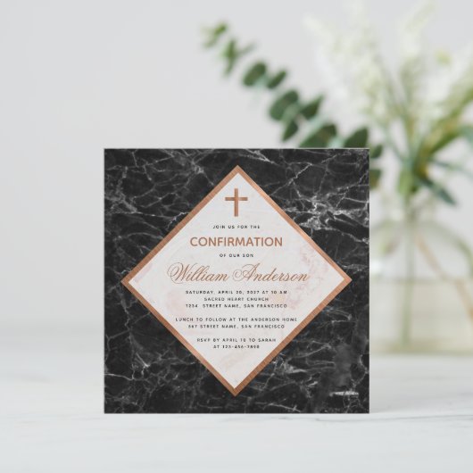 Invitation Confirmation du garçon Script en cuivre marbré noi (Debout devant)