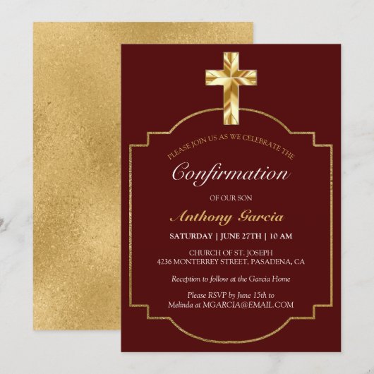 Invitation Confirmation Elegant Burgundy Gold Boys (Devant / Derrière)