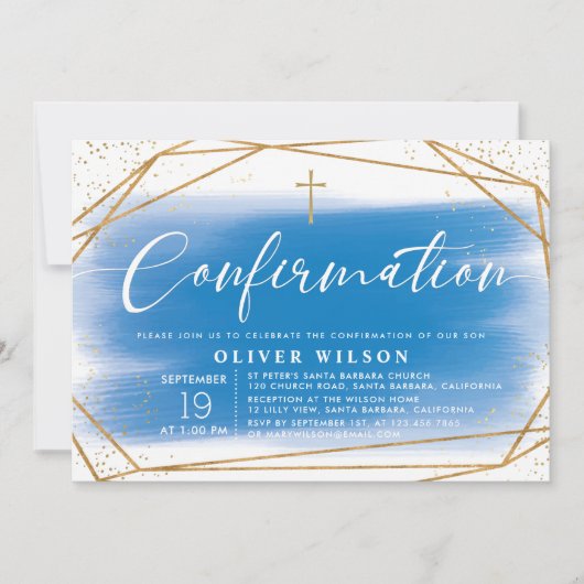 Invitation Confirmation Elegant Gold & Blue Boy (Devant)