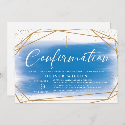 Invitation Confirmation Elegant Gold & Blue Boy (Devant / Derrière)
