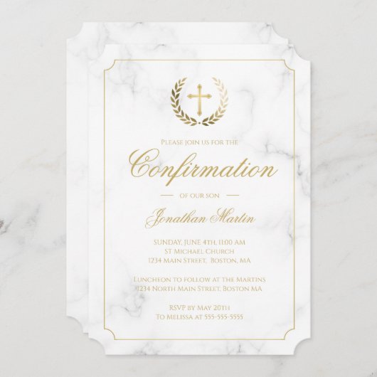 Invitation Confirmation Elegant Marbre blanc Gold Script garç (Devant / Derrière)