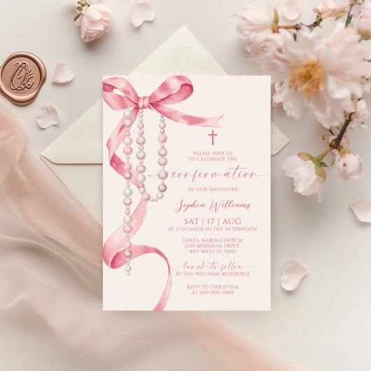 Invitation Confirmation Elegant Pink Bow & Rosary