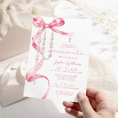 Invitation Confirmation Elegant Pink Bow & Rosary