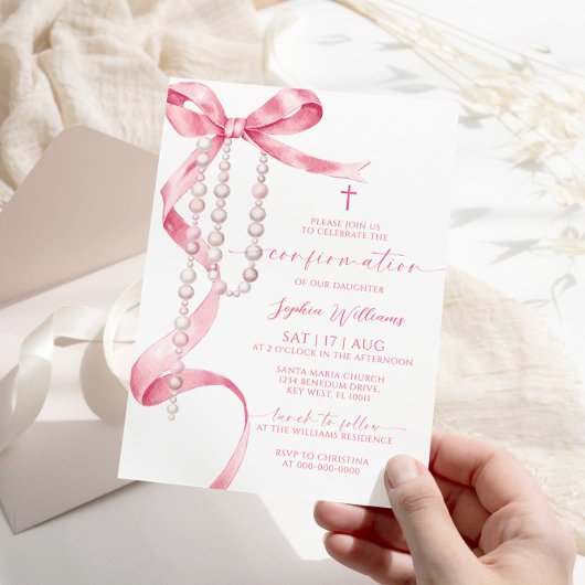 Invitation Confirmation Elegant Pink Bow & Rosary