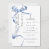 Invitation Confirmation Elégante Bleue Bow & Rosaire (Devant)
