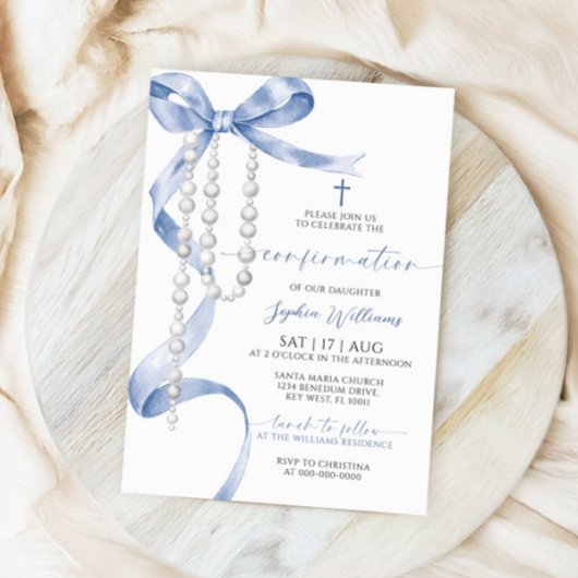 Invitation Confirmation Elégante Bleue Bow & Rosaire