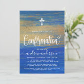 Invitation Confirmation Élégante Du Garçon Bleu Et Or (Debout devant)