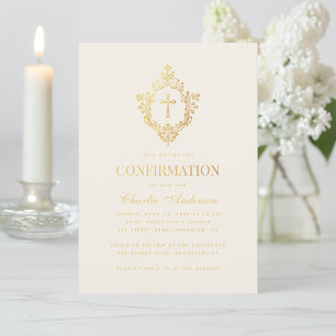 Invitation Confirmation élégante Faux croix en or et blason i