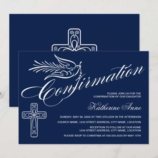 Invitation Confirmation en calligraphie avec croix et colombe (Devant / Derrière)