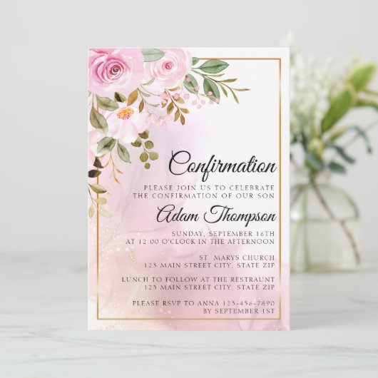 Invitation Confirmation en or et en Rose marbre rose (Debout devant)