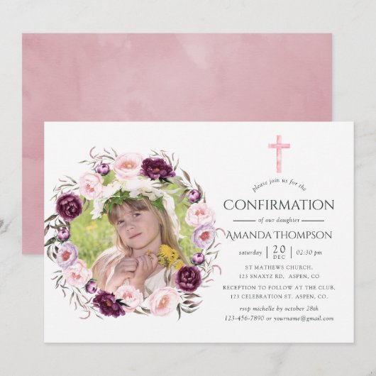 Invitation Confirmation en velours profond et rose buisson (Devant / Derrière)