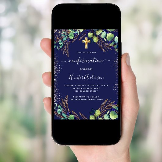 Invitation Confirmation eucalyptus vert bleu marine