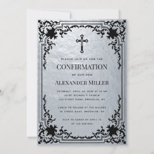 Invitation Confirmation Faux Métal Argenté Croix Vintage