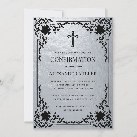 Invitation Confirmation Faux Silver Croix Vintage métallique (Devant)