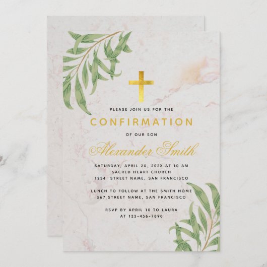Invitation Confirmation Feuilles de saule d'or en marbre de m (Devant / Derrière)