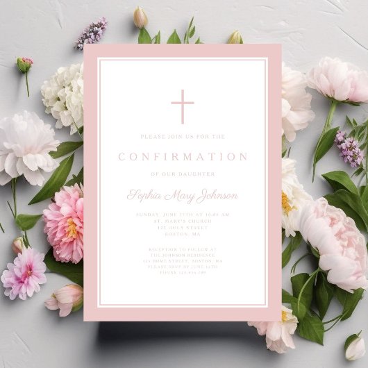 Invitation Confirmation Fille Croix Rose Moderne